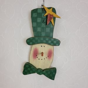 VINTAGE Wooden Snowman Top Hat Green Winter Wall Door Decoration w/ Wire Hanger